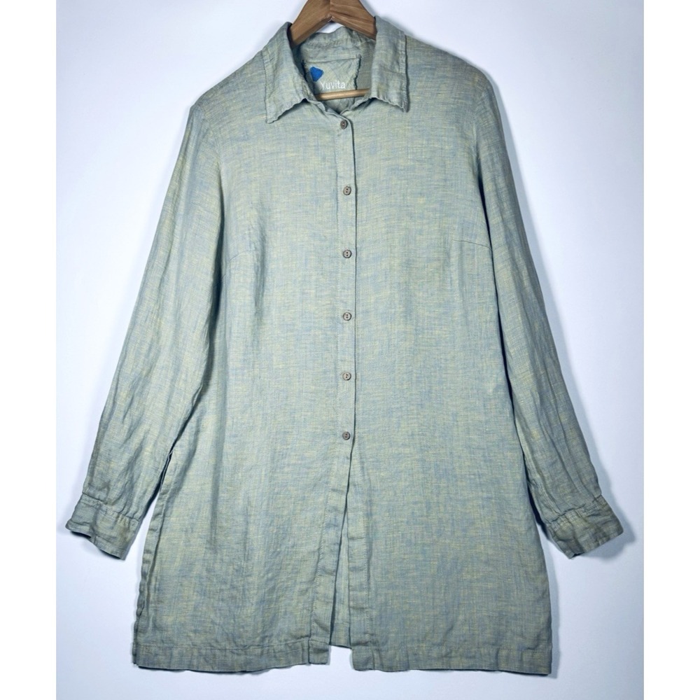 Yuvita Linen Tunic Top Womens‎ Medium Green Blue Duster Button Front Lagenlook